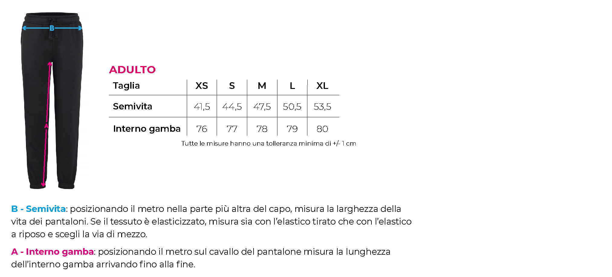 Tabella taglie pantalone adulto 1